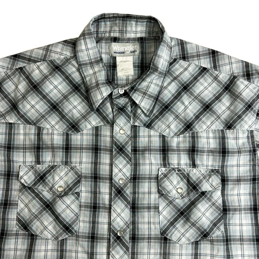 Wrangler Wrancher Mens XXL‎ Gray Plaid Pearl Snap Short Sleeve Button Up Shirt